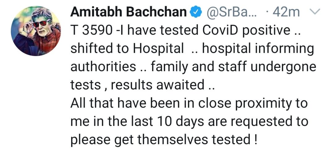 Bollywood megastar Amitabh Bachchan has tested positive for coronavirus. He has been admitted to Mumbai’s Nanavati hospital.